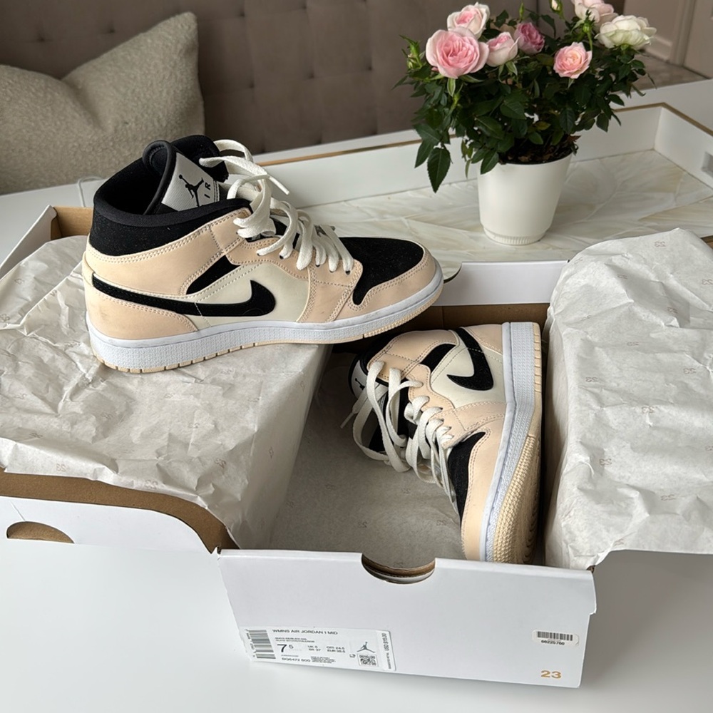 Nike Wmns Air Jordan 1 Mid 'Barely Orange'. Very gently used a couple of times.